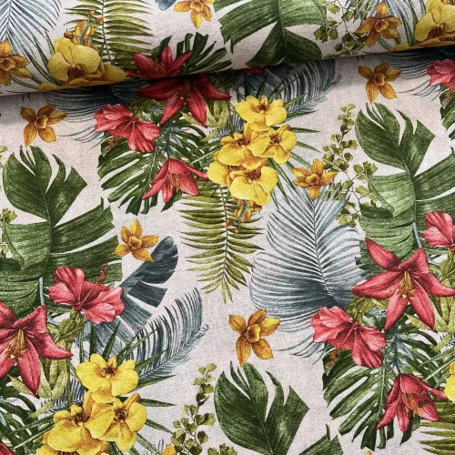 Sárga orchideás-piros liliomos dekortextil