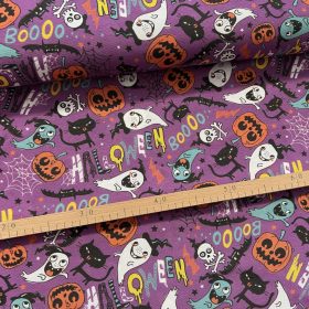 Lila alapon Halloween mintás dekortextil (TA)