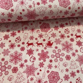   Natúr alapon piros Mikulás szán-hópelyhes karácsonyi dekortextil (TA)