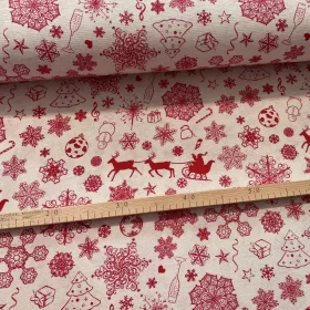   Natúr alapon piros Mikulás szán-hópelyhes karácsonyi dekortextil (TA)