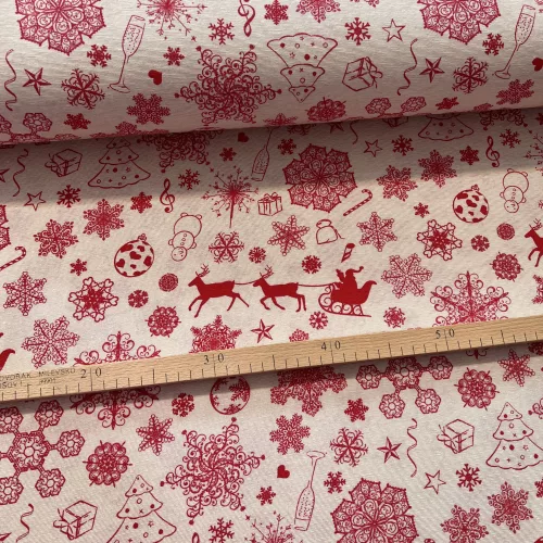 Natúr alapon piros Mikulás szán-hópelyhes karácsonyi dekortextil (TA)