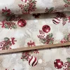 Natúros alapon piros csillagos és csíkos gömbdíszes karácsonyi dekortextil