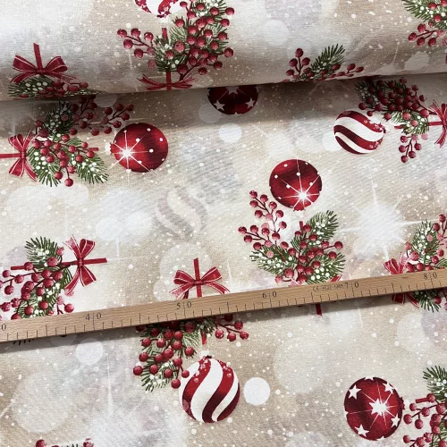 Natúros alapon piros csillagos és csíkos gömbdíszes karácsonyi dekortextil