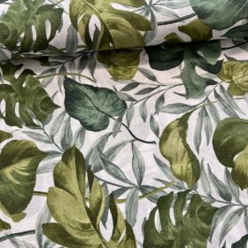   Világos alapon zöld pálmaleveles (háttérben is halványabb levelek) dekortextil (G)