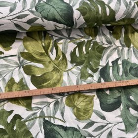   Világos alapon zöld pálmaleveles (háttérben is halványabb levelek) dekortextil (G)