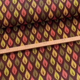   0,4 m EGYBEN KÉRHETŐTOP TERMÉK: Barna alapon zöld-sárga-rózsaszín leveles őszies dekortextil