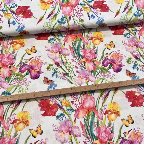 Világos alapon nőszirom-pillangós dekortextil