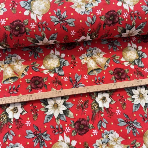 Piros a. fehér mikulásvirágos-csengős karácsonyi dekortextil (TH)