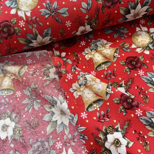 Piros a. fehér mikulásvirágos-csengős karácsonyi dekortextil (TH)