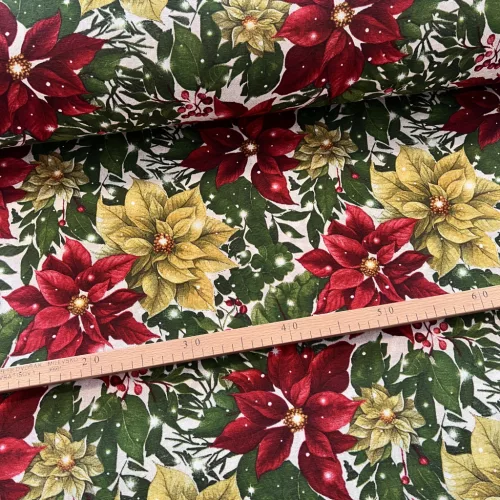 Piros-sárga mikulásvirágos karácsonyi dekortextil (TH)
