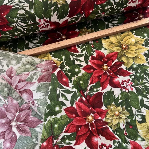 Piros-sárga mikulásvirágos karácsonyi dekortextil (TH)