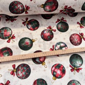   Natúr a. csillagos háttérrel zöld-piros gömbdíszes karácsonyi dekortextil (TH)