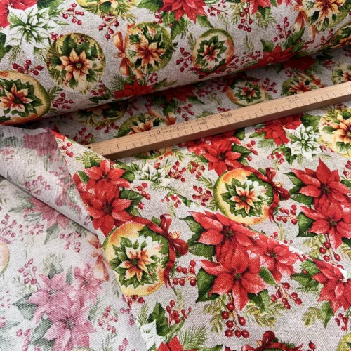 Mikulásvirág-gömbdísz natúr alapon karácsonyi dekortextil (TH)