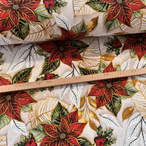 Natúr a. nagy mikulásvirágok szegéllyel karácsonyi dekortextil (TH)