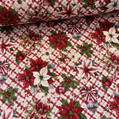   Kockás alapon mikulásvirágos csokros-díszes karácsonyi dekortextil (TH)