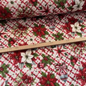   Kockás alapon mikulásvirágos csokros-díszes karácsonyi dekortextil (TH)