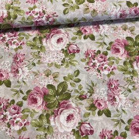   Natúr alapon rózsaszín-fehér hortenziás rózsás dekortextil (A)