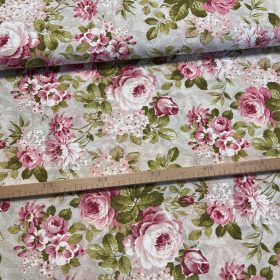   Natúr alapon rózsaszín-fehér hortenziás rózsás dekortextil (A)