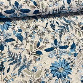 Natúr alapon kék leveles virágos dekortextil (A)