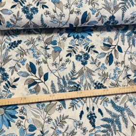 Natúr alapon kék leveles virágos dekortextil (A)