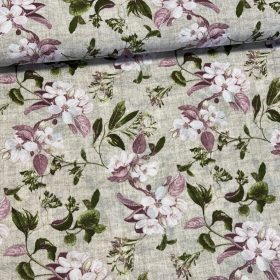   Natúr alapon lilás-mályvás virágok zöld levelekkel dekortextil (A)