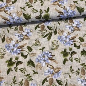 Natúr alapon kék virágok zöld levelekkel dekortextil (A)