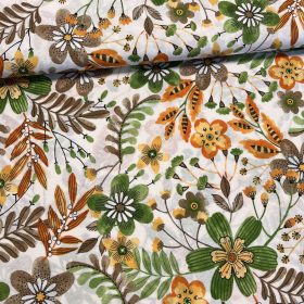 Fehér alapon narancs-zöld retró virágos dekortextil (A)