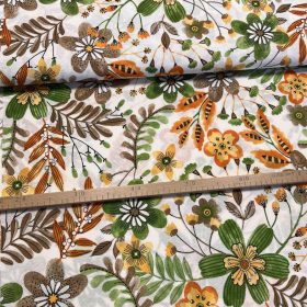 Fehér alapon narancs-zöld retró virágos dekortextil (A)