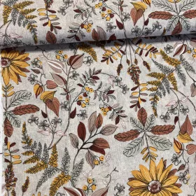 Natúr alapon barna-sárga leveles virágos dekortextil (A)