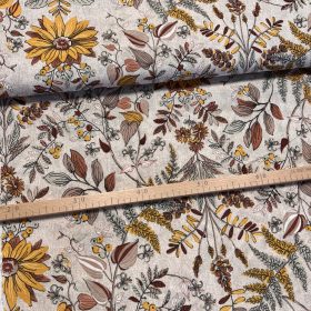 Natúr alapon barna-sárga leveles virágos dekortextil (A)