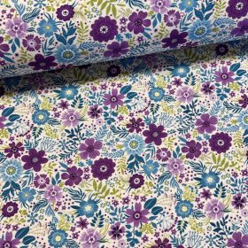   Kedves virágos: Fehér a. lila-kék dekortextil (digitálisan nyomott)