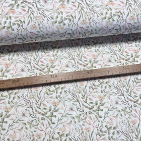   0.16 m EGYBEN KÉRHETŐ Fehér alapon tavaszi leveles-indás (zöld-barackos) dekortextil (digitálisan nyomott)
