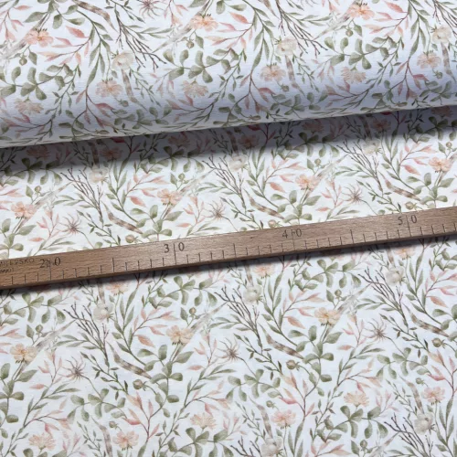 0.16 m EGYBEN KÉRHETŐ Fehér alapon tavaszi leveles-indás (zöld-barackos) dekortextil (digitálisan nyomott)
