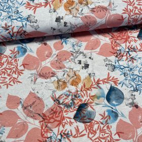   Akvarell korall-kék-sárga leveles dekortextil (digitálisan nyomott)