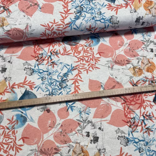 Akvarell korall-kék-sárga leveles dekortextil (digitálisan nyomott)