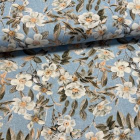   Kék alapon fehér cseresznyevirágok dekortextil (digitálisan nyomott)