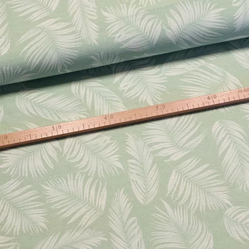 Halvány mentazöld alapon tollas dekortextil (digitálisan nyomott)