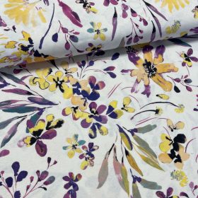   Nyári kert: lila-sárga virágos dekortextil (digitálisan nyomott)