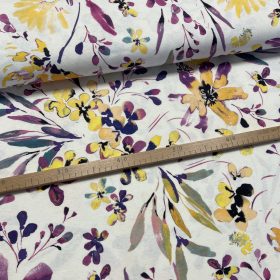   Nyári kert: lila-sárga virágos dekortextil (digitálisan nyomott)