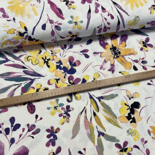 Nyári kert: lila-sárga virágos dekortextil (digitálisan nyomott)