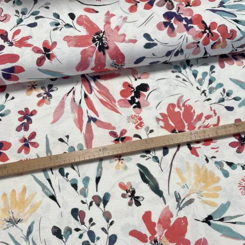 Nyári kert: pirosas-kék-sárga virágos dekortextil (digitálisan nyomott)
