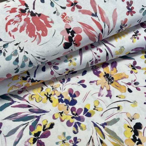 Nyári kert: pirosas-kék-sárga virágos dekortextil (digitálisan nyomott)