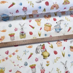   Fehér alapon húsvéti répás nyuszis dekortextil (digitálisan nyomott)