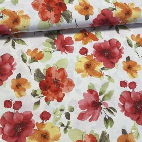   Fehér alapon piros-sárga nagy virágos leveles dekortextil (A)