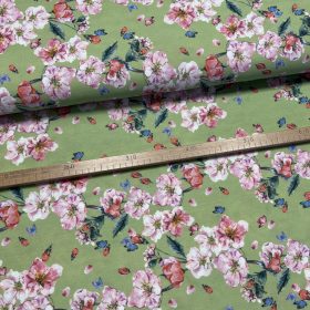 Zöld alapon rózsaszín cseresznyevirágos dekortextil (A)