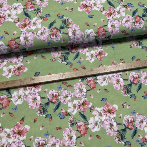 Zöld alapon rózsaszín cseresznyevirágos dekortextil (A)