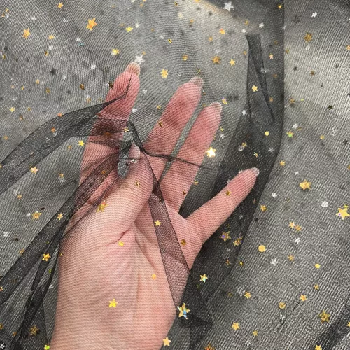 Hologramos csillagos fátyol tüll anyag: Fekete a. ARANY