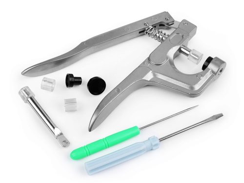 Patentozó és ringliző szett: 12 mm-es műanyag patentokkal és kézi szerszámmal