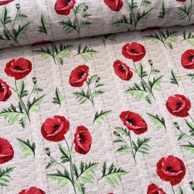   Bézses zsákvászon hatású alapon pipacsos party vízlepergető szövet