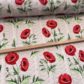   Bézses zsákvászon hatású alapon pipacsos party vízlepergető szövet